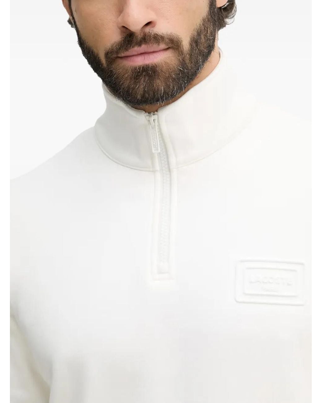 Lacoste White High Neck Embossed Zipped Sweatshirt