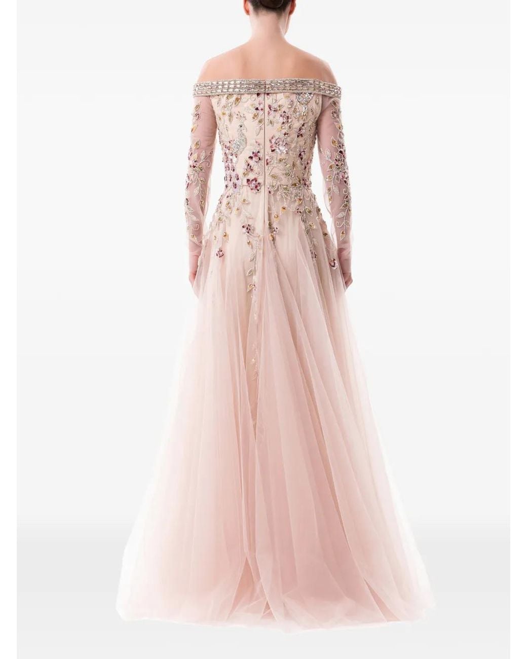 Dina Melwani Pink Peacock-Embroidered Off-Shoulder Maxi Dress