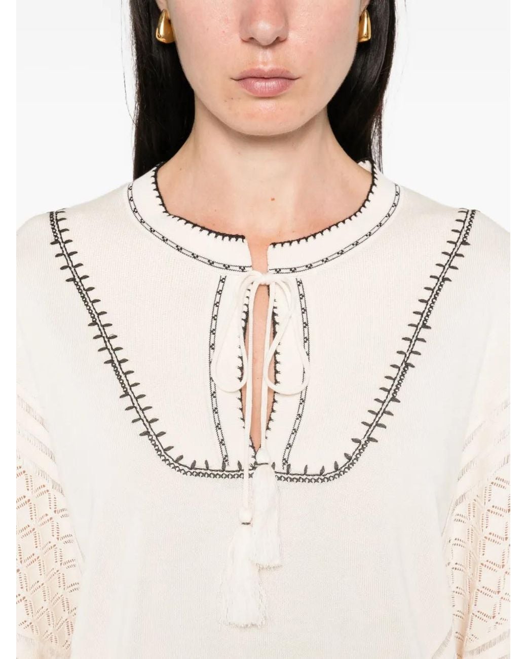 Ba&sh White Bausca Embroidered Tassel-Neck Top