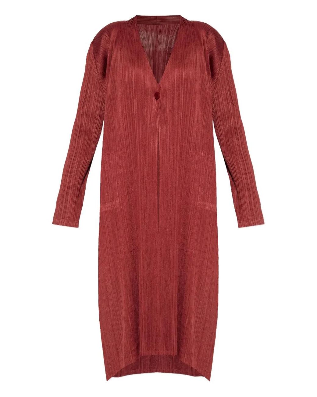 Pleats Please Issey Miyake Red Monthly Colors: October Pleated-Button Coat