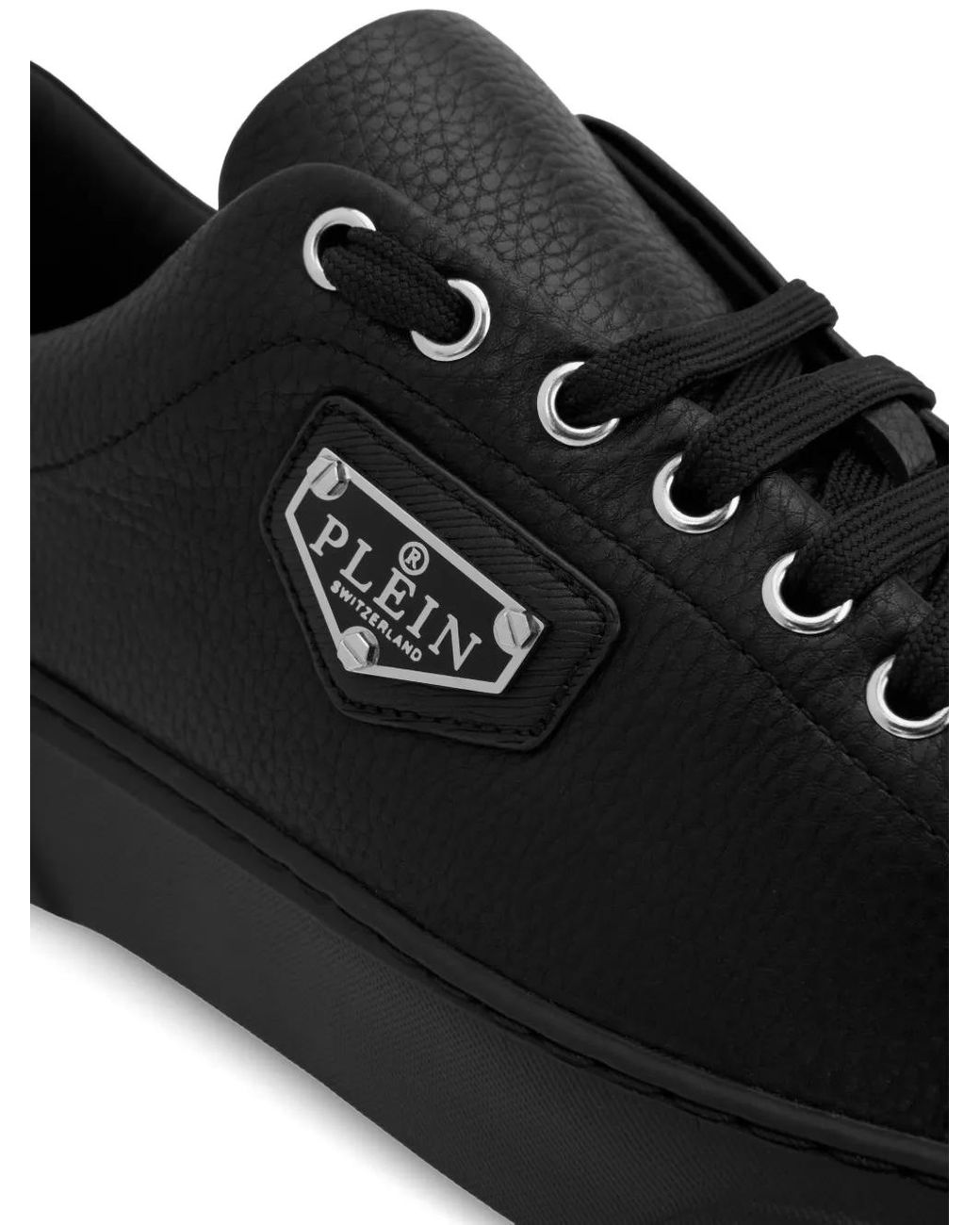 Philipp Plein Black Leather Logo-Plaque Sneakers