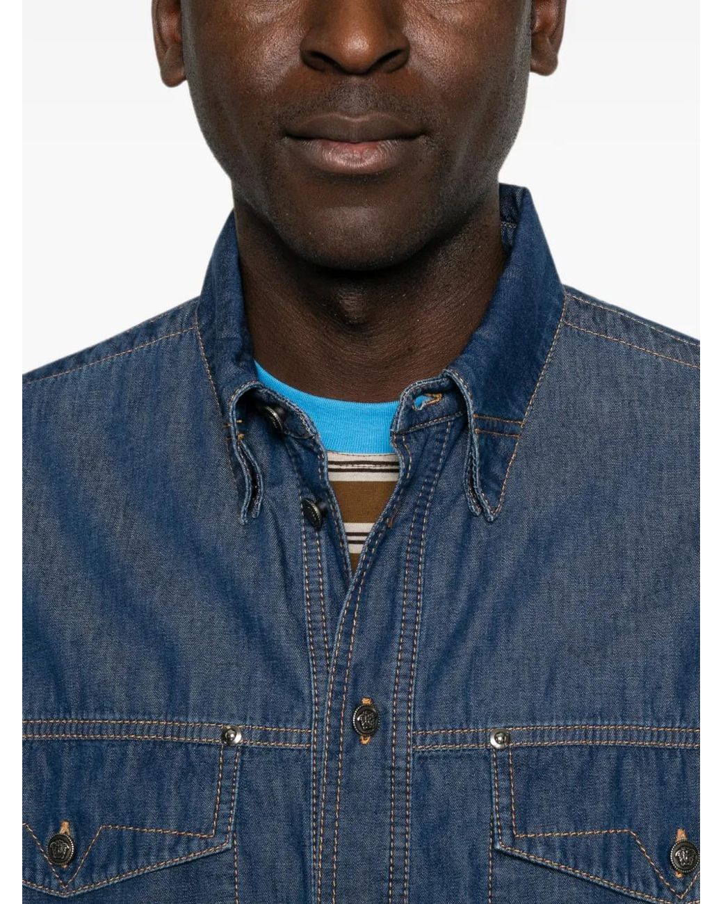 Versace Blue Embroidered-Logo Denim Cotton Shirt for men