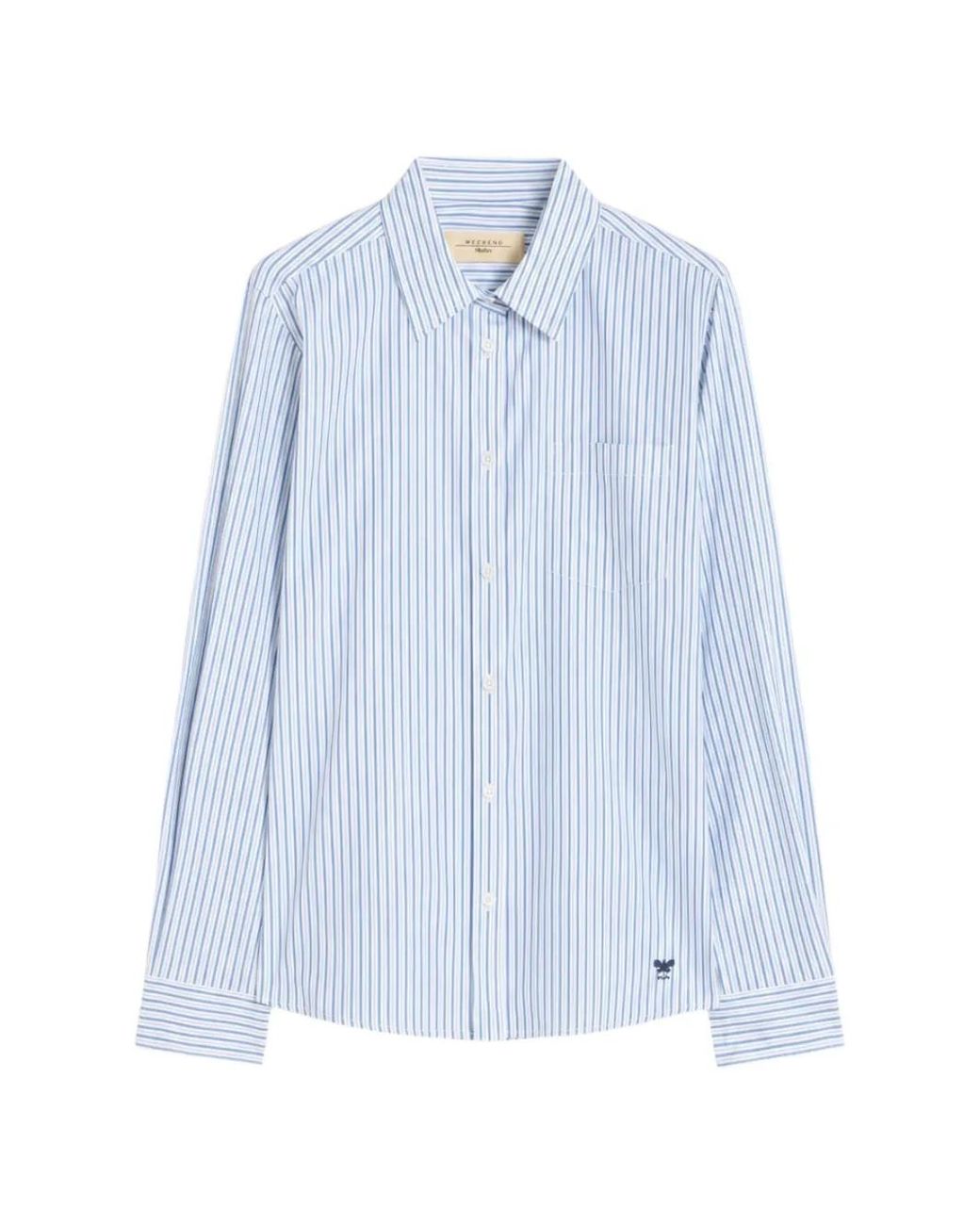 Weekend by Maxmara Blue Vertical-Stripe Embroidered-Logo Shirt