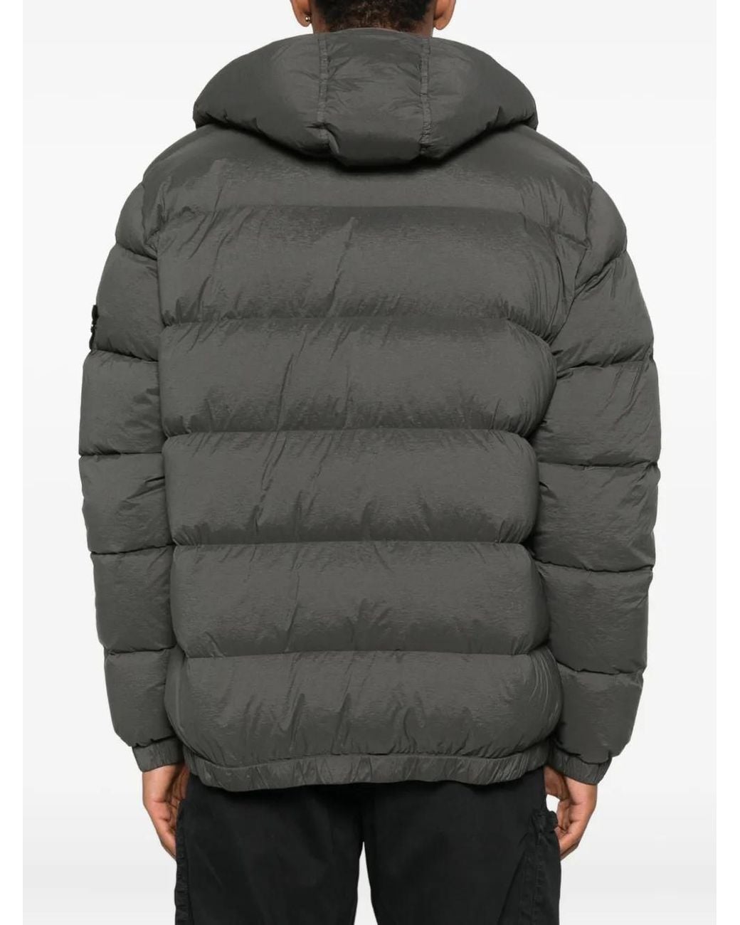 Stone Island Gray Quilted Hooded Down Jacket With Distinctive Patch Logo for men
