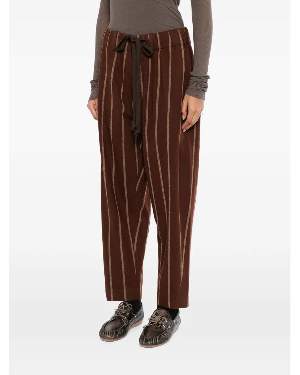 Uma Wang Brown Pantalon Rayé À Lien De Resserrage
