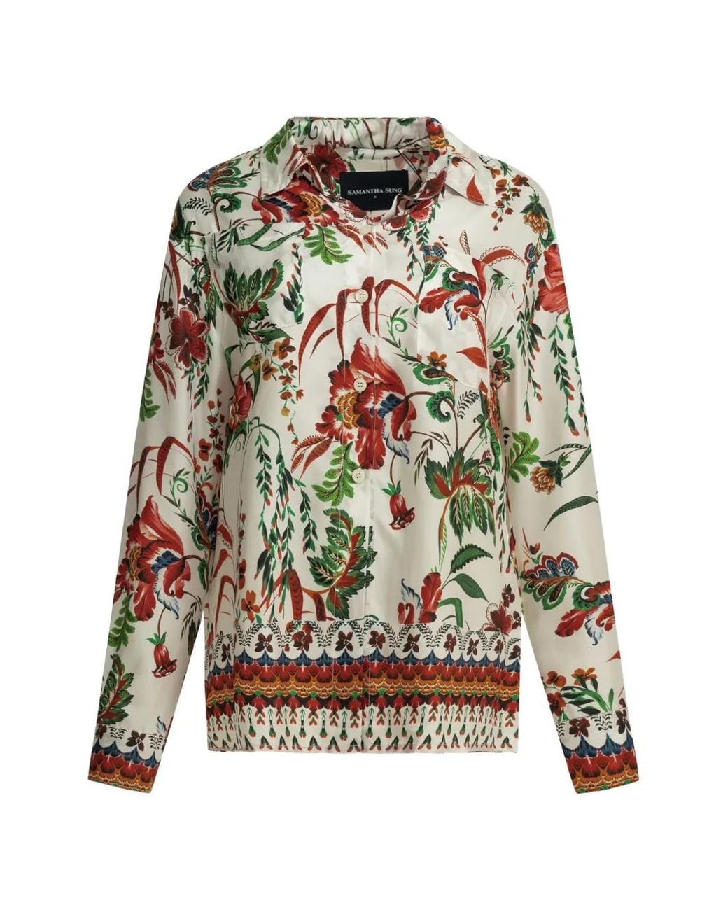 Samantha Sung White Floral-Print Silk Shirt