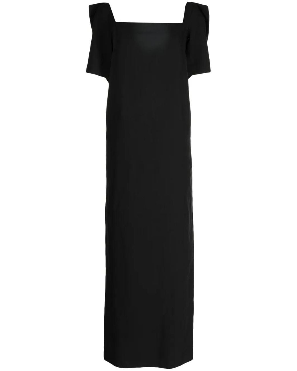 Pushbutton Black Bow-Detailing Square-Neck Dress
