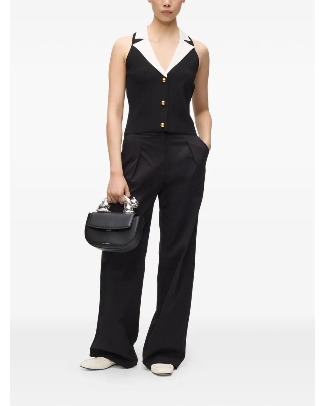 Karl Lagerfeld Black V-Neck Button Top