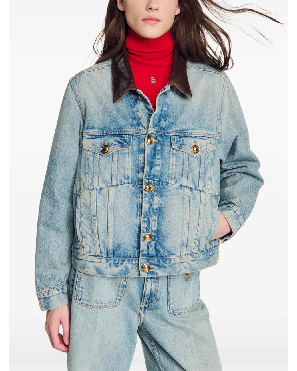 Sandro Blue Veste En Jean Boutonnée À Col En Cuir