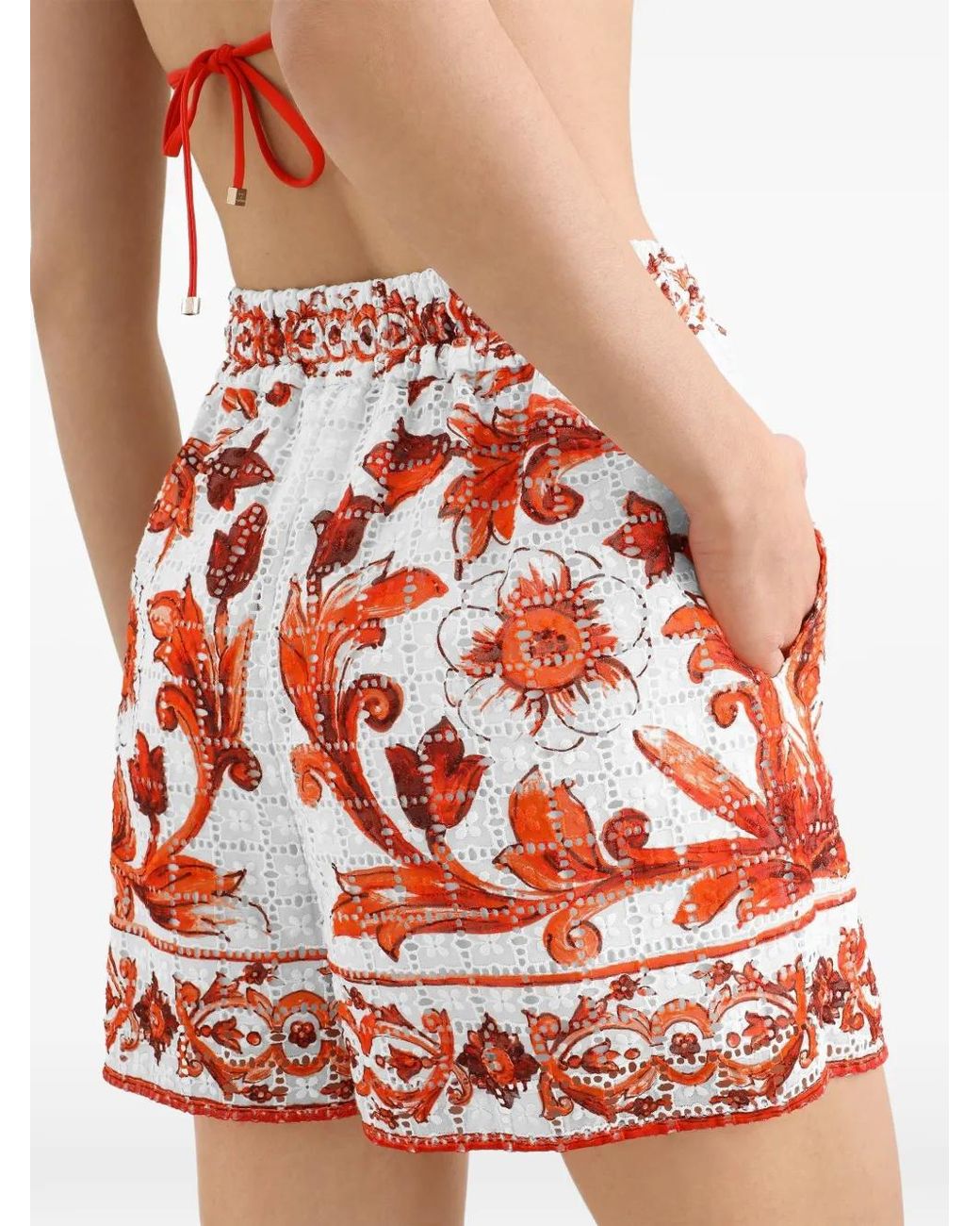 Dolce & Gabbana Red Majolica-Print Broderie Anglaise Lace Shorts