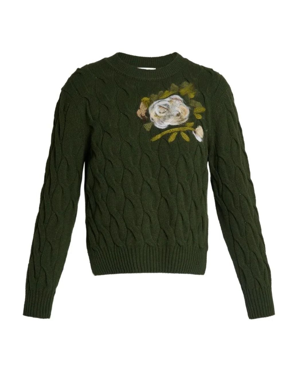 Erdem Green Cable-Knit Floral-Embroidered Sweater