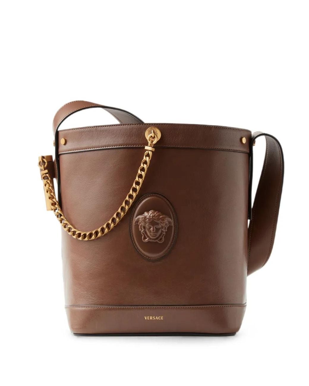 Versace Brown Pivot Small Leather Bucket Bag