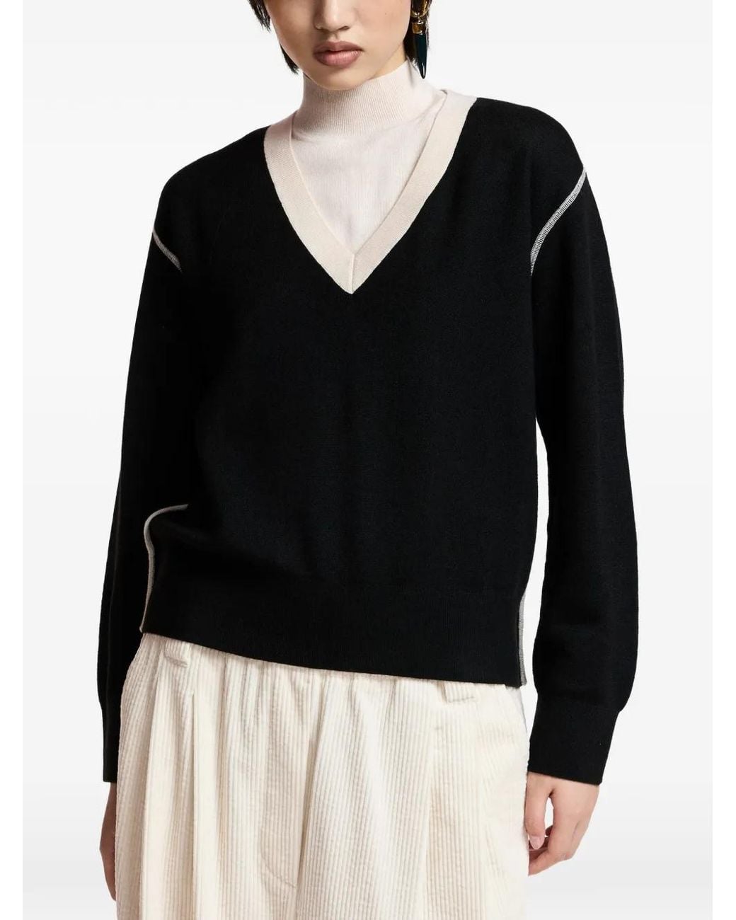 Essentiel Antwerp Black Contrast-Trim V-Neck Sweater