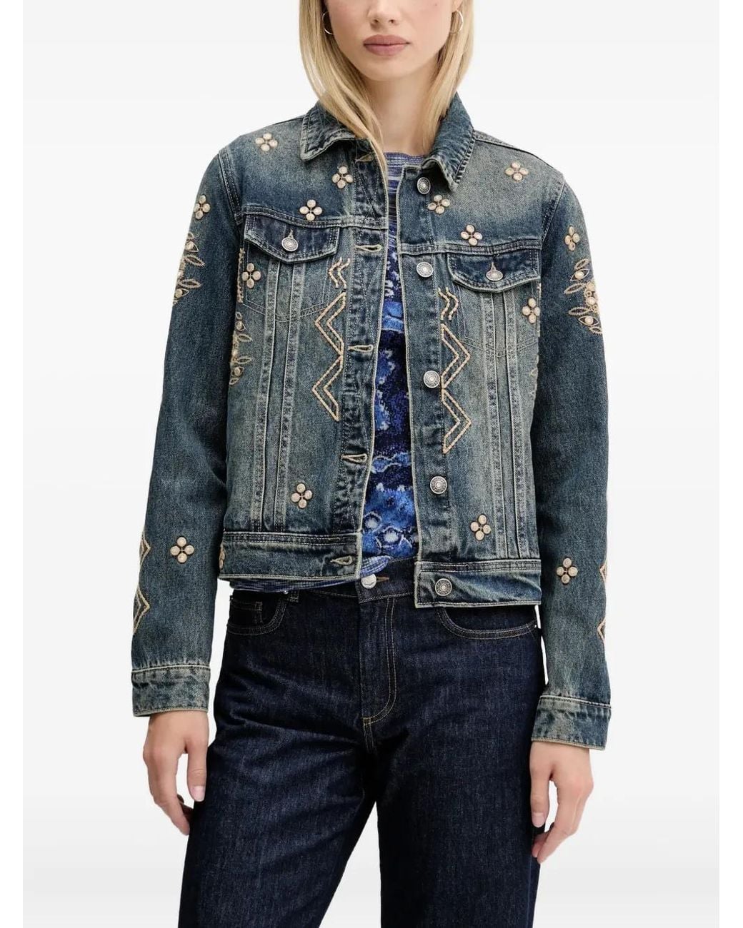 Desigual Blue Embroidered Denim Jacket
