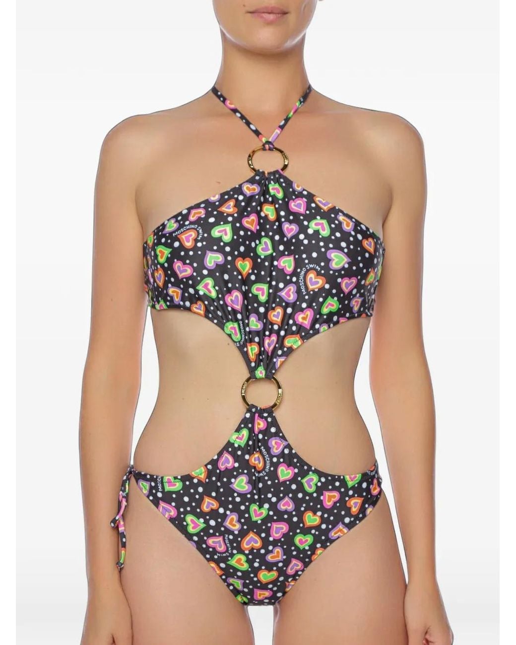 Moschino Black Heart-Print Ring-Detail Swimsuit