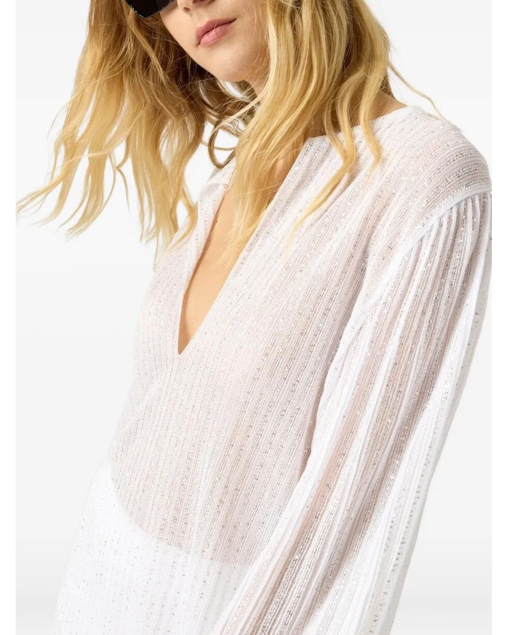 Missoni White Ribbed Lamé Blouse With Sequins