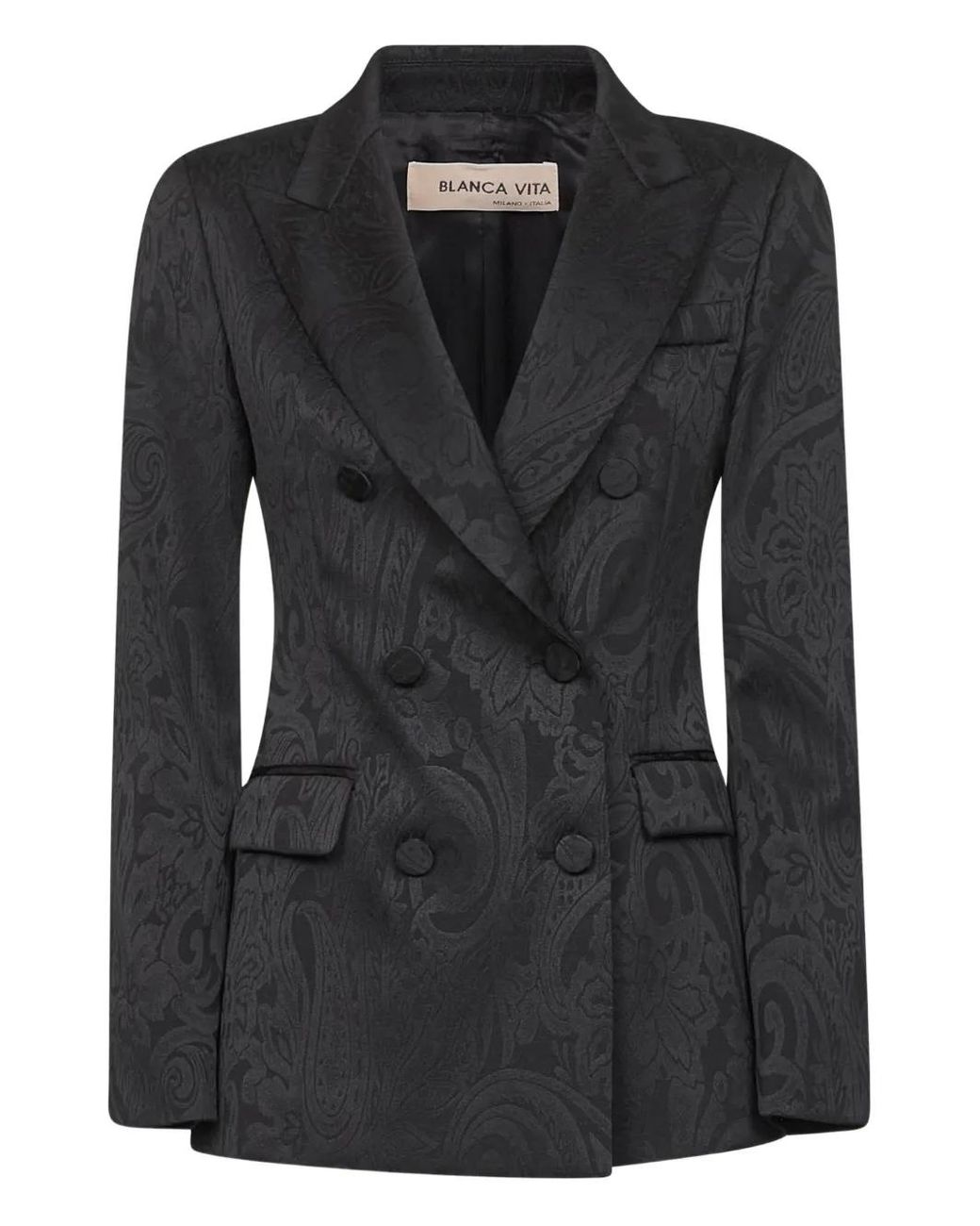 Blanca Vita Black Floral-Motif Double-Breasted Blazer