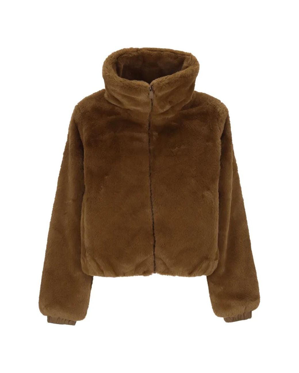 Save The Duck Brown Faux-Fur Funnel-Neck Cropped Jacket