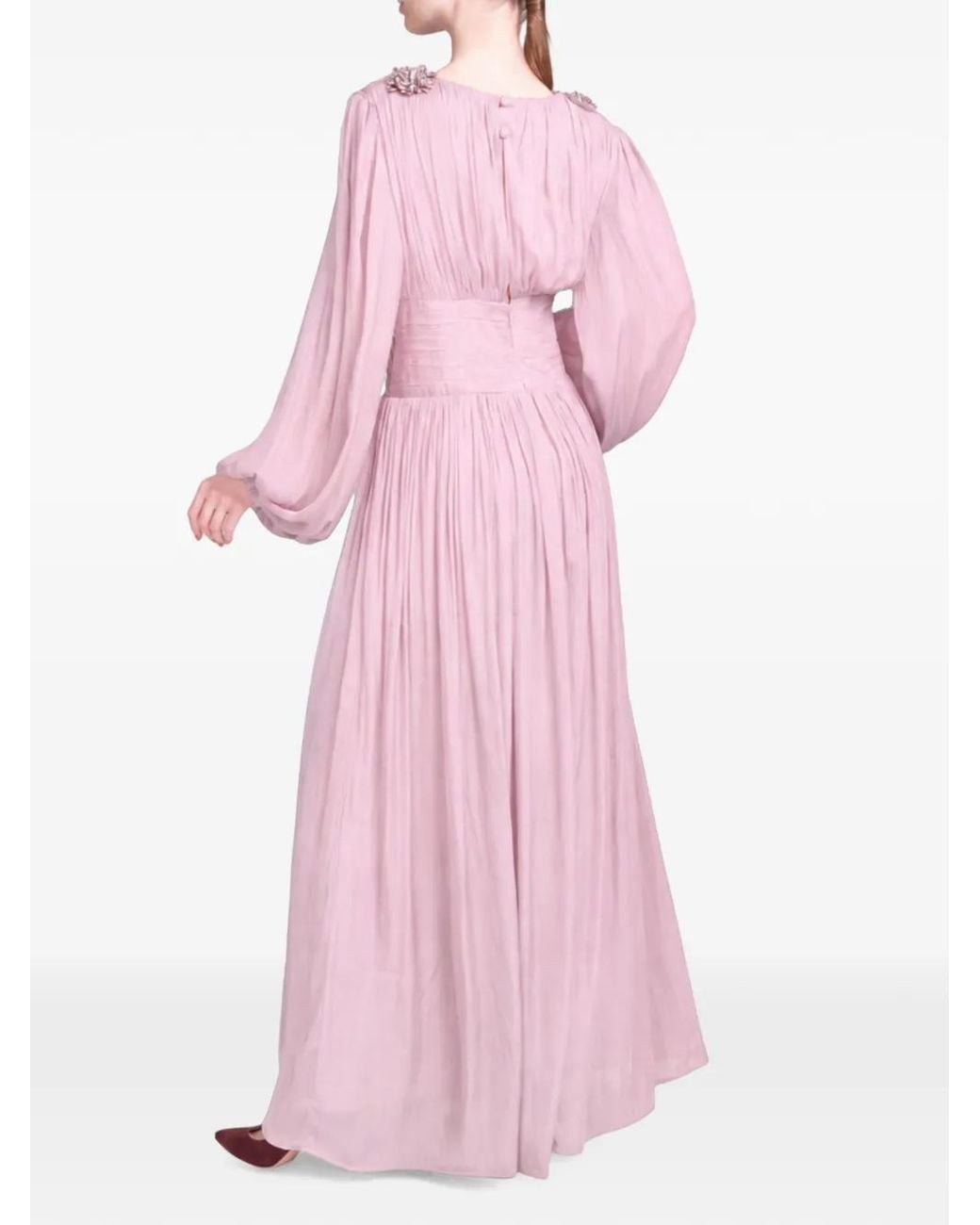 Baruni Pink Layan Floral-Embellished Ruched Maxi Dress