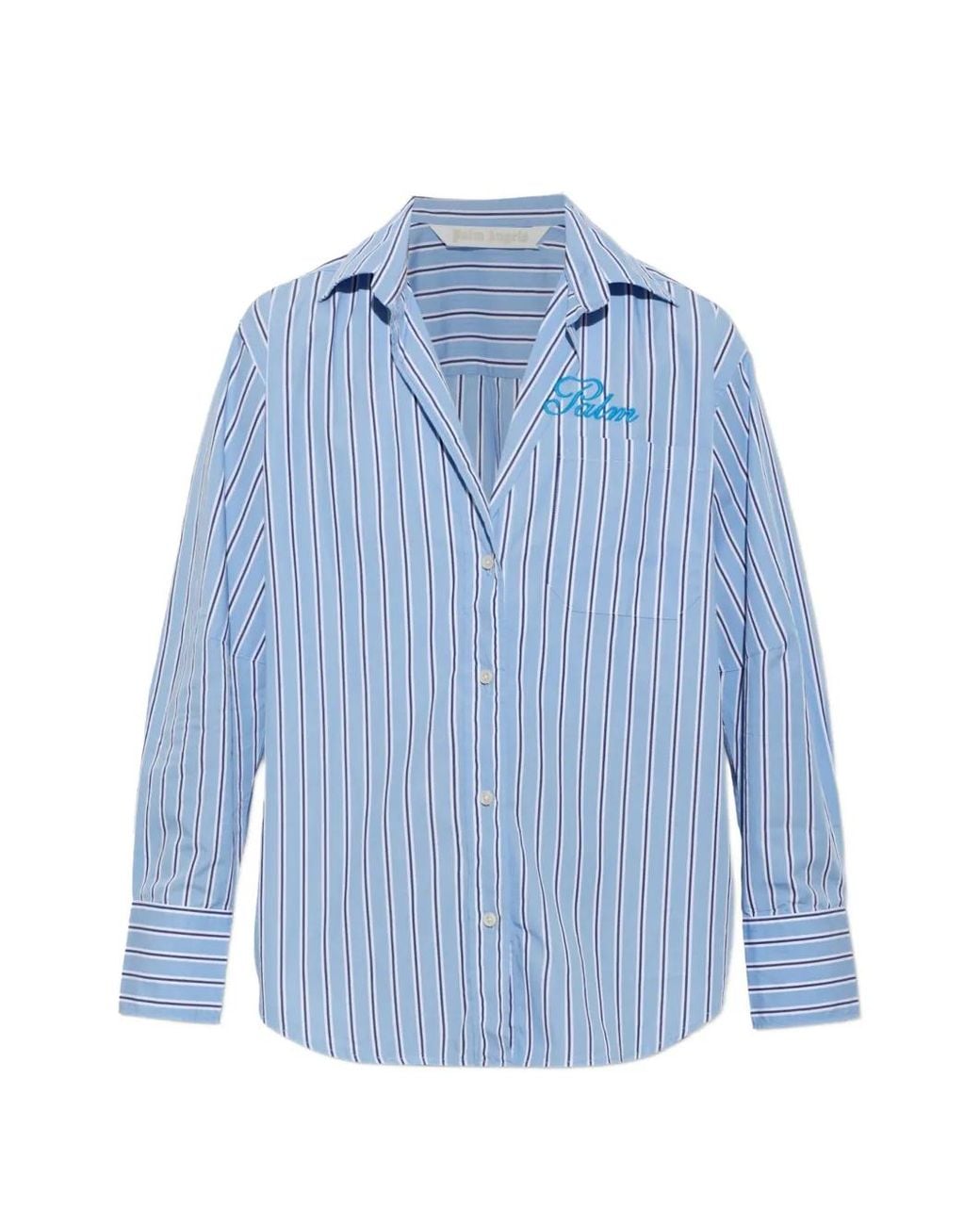 Palm Angels Blue Striped Embroidered-Logo Shirt