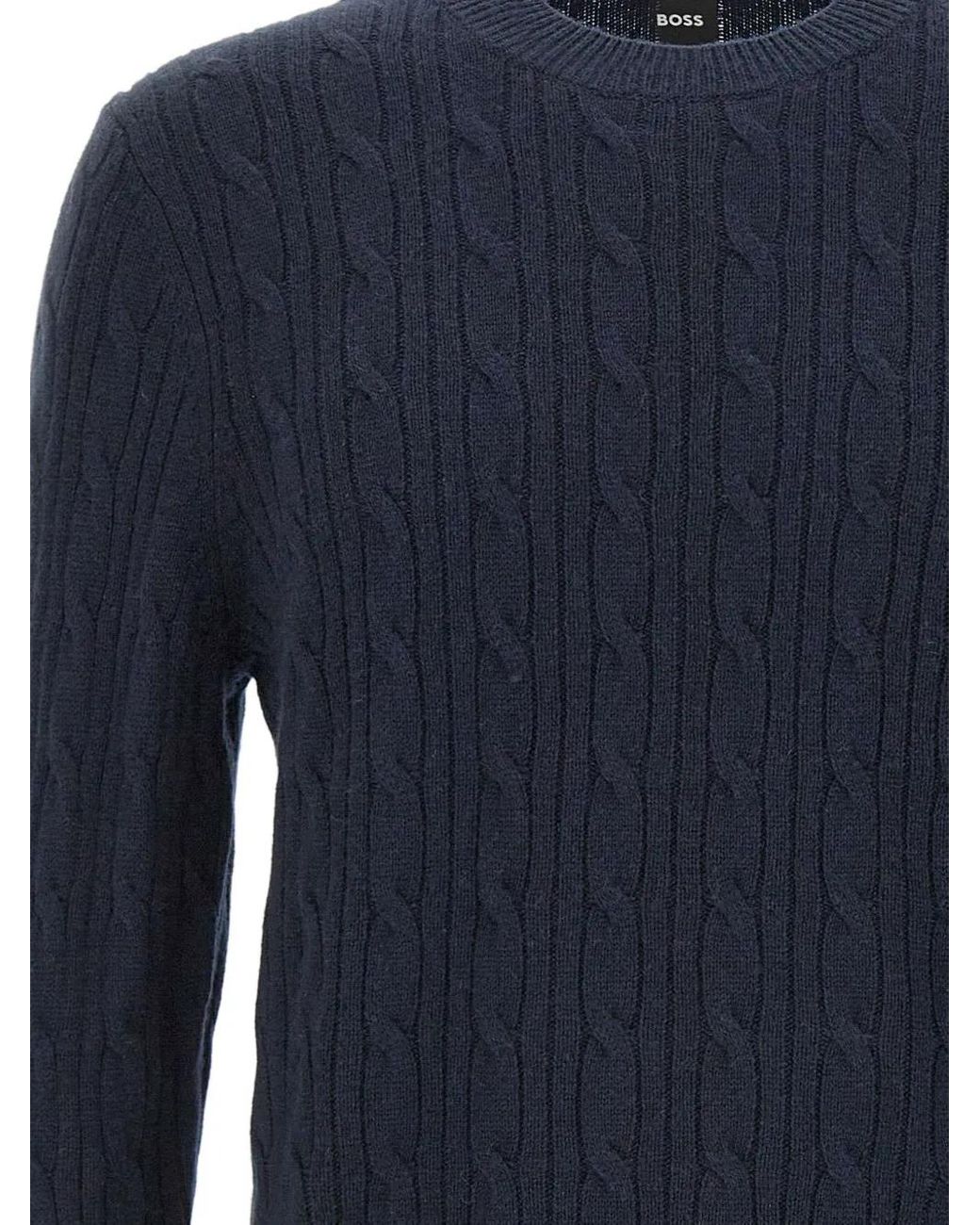 Boss Blue Cable Knit Crew Neck Sweater for men