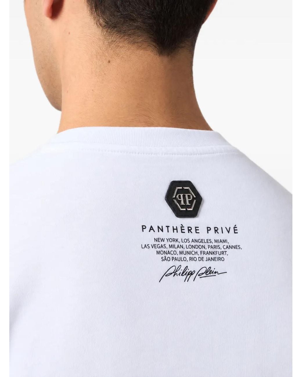 Philipp Plein White Round Neck T-Shirt Chrome Metal Logo Stones for men