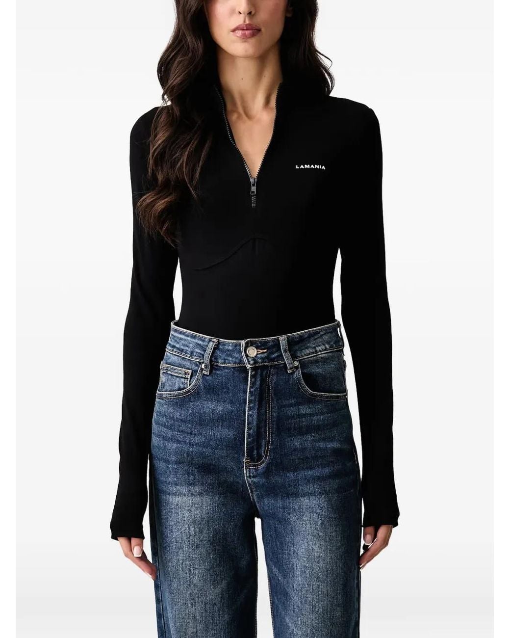 La Mania Black Aneli Logo-Print Half-Zip Bodysuit