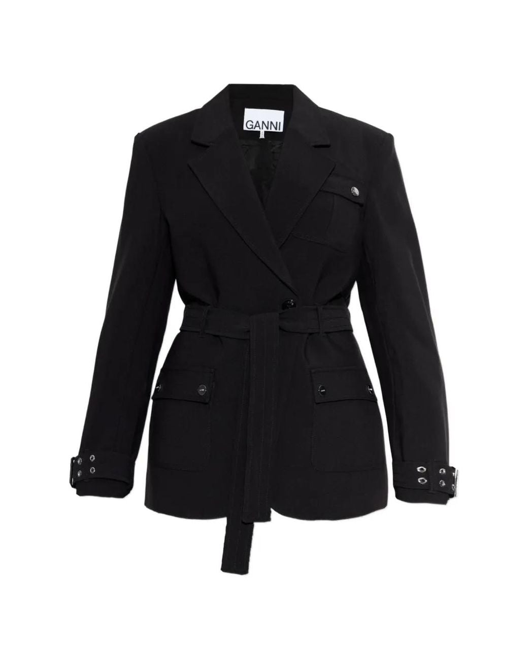 Ganni Black Notched-Lapel Belted Jacket