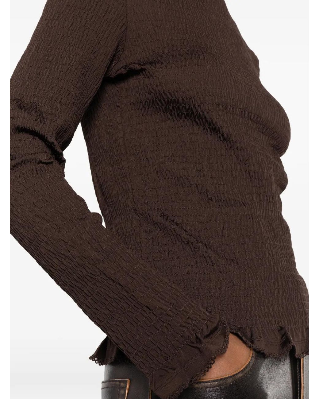 Sandro Brown Smocked T-Shirt With Ruffle Collar