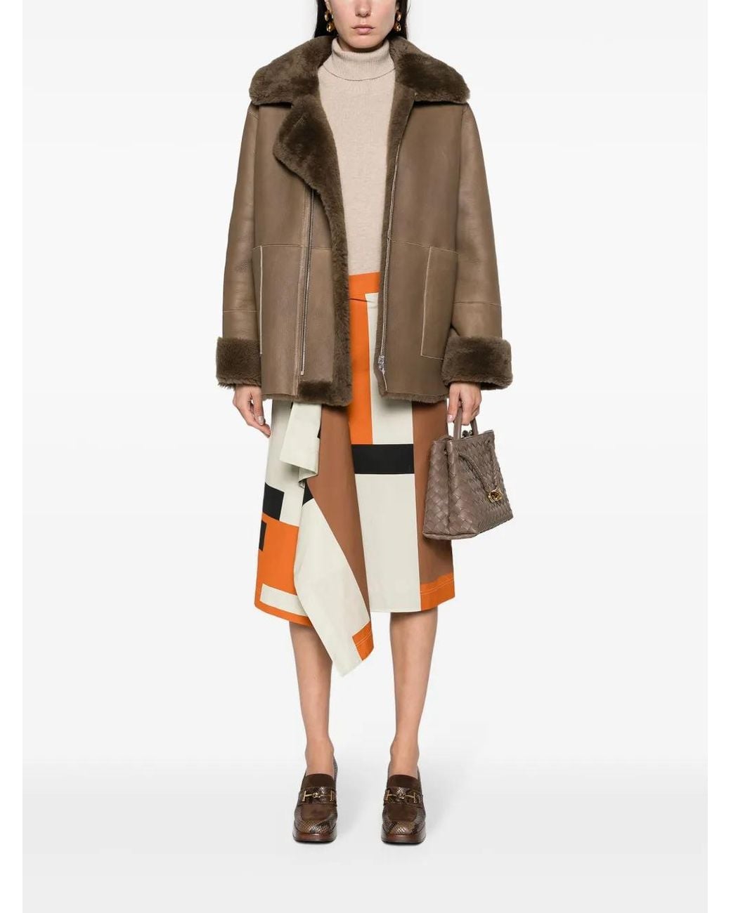Liska Brown Spread-Collar Leather Coat