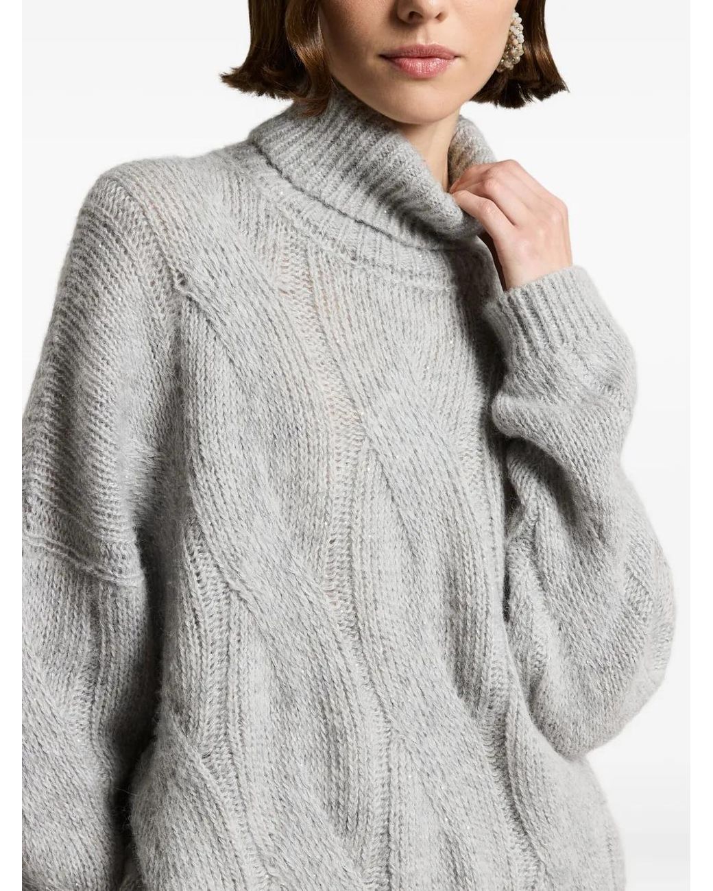 Peserico Gray Cable-Knit Turtleneck Sweater