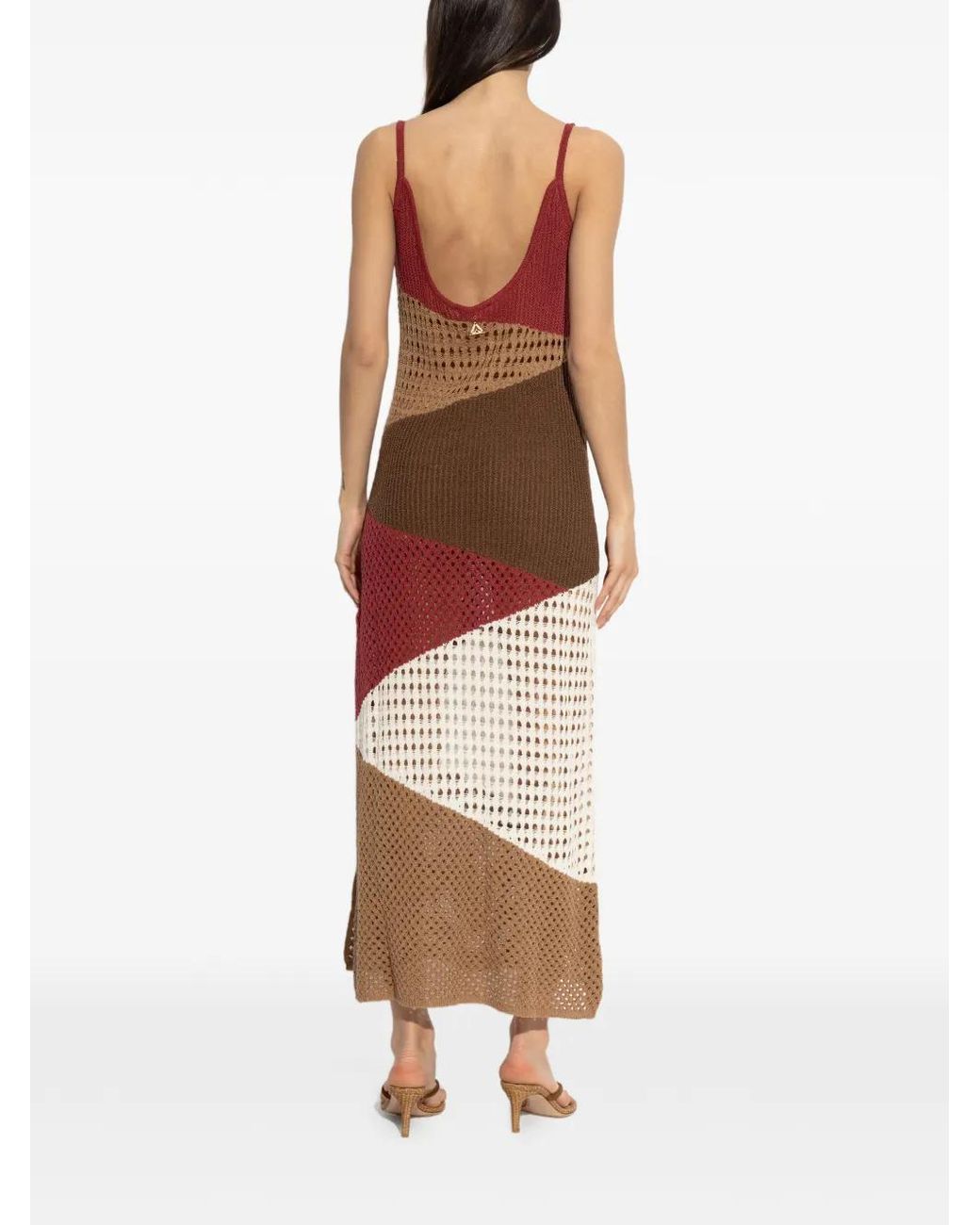 Akep Brown Colour-Block Open-Knit Maxi Dress