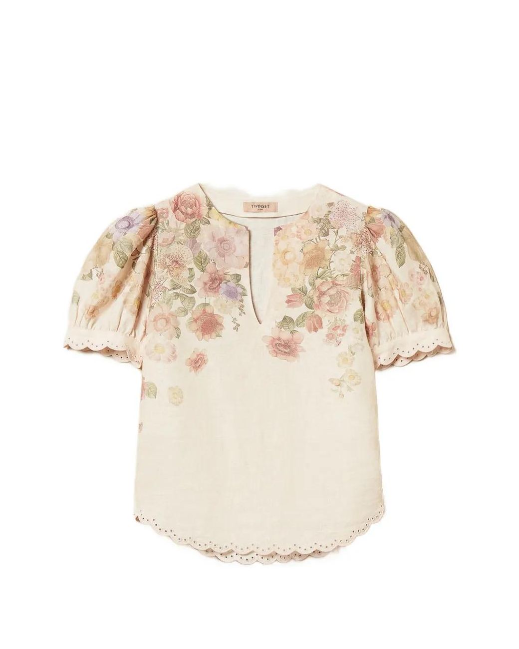 Twinset White Linen Floral Blouse With Embroidery