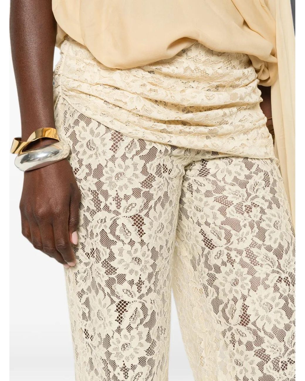 De La Vali White Rocio Floral-Lace Trousers
