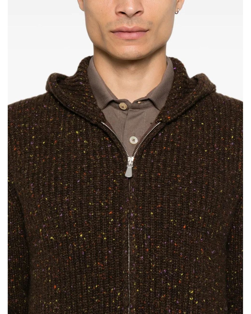 Eleventy Brown Zip-Up Ribbed-Knit Hoodie for men