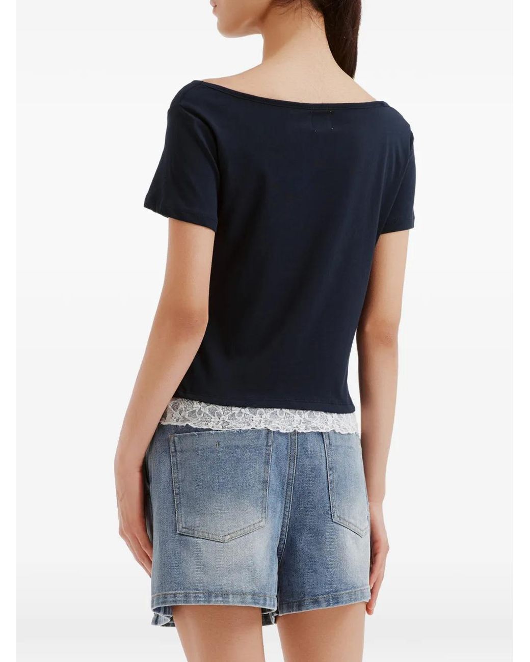 B+ AB Blue Lace-Trim Cowl-Neck T-Shirt