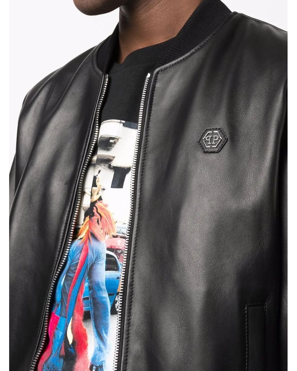 Philipp Plein Black Leather Bomber Jacket for men