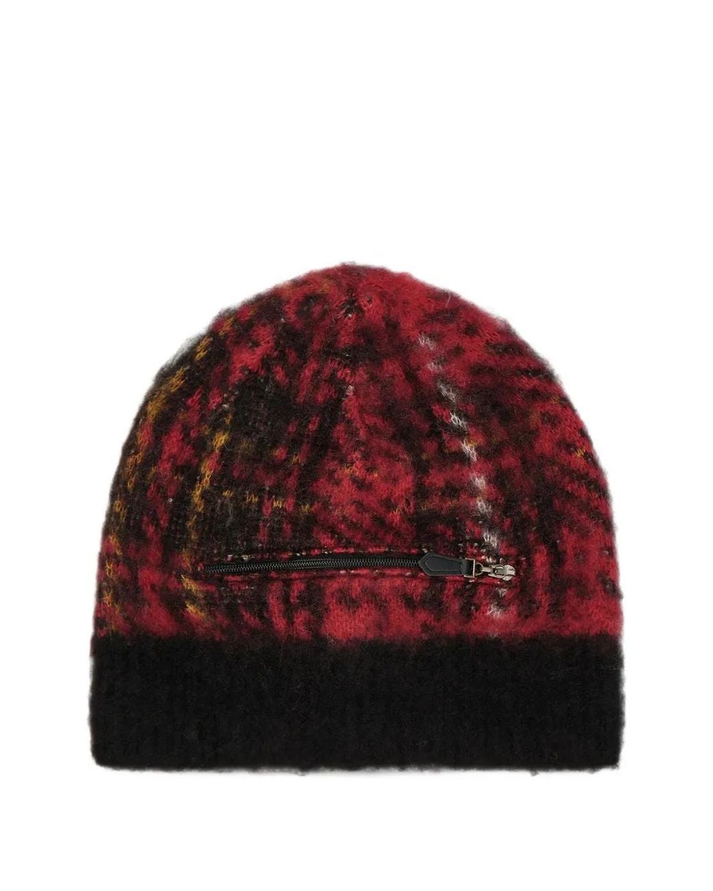 Y's Yohji Yamamoto Red Check-Pattern Zip-Detail Beanie Hat