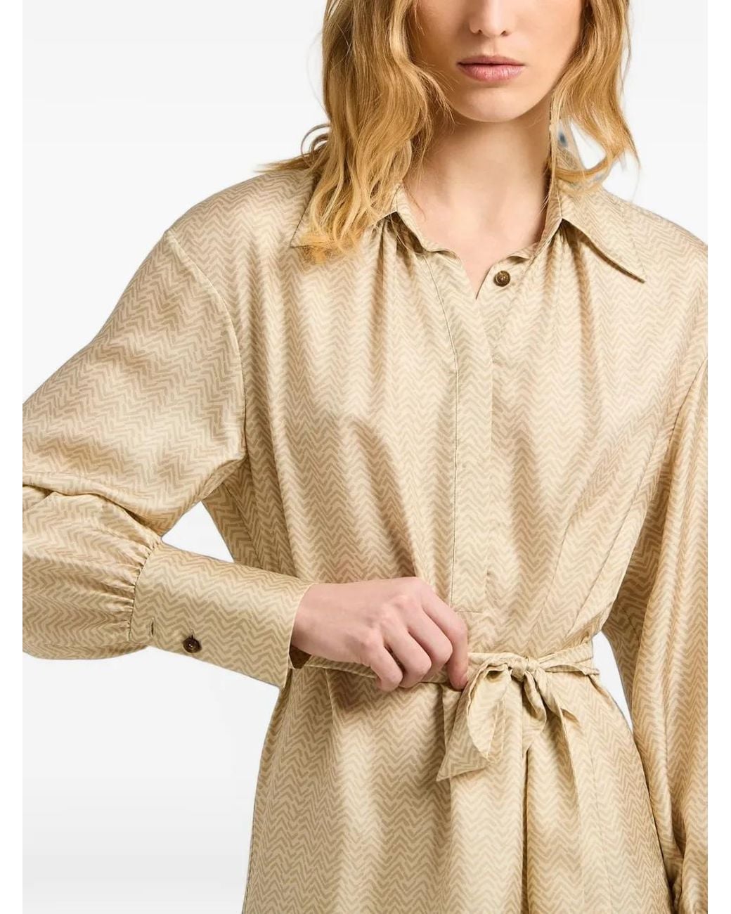 Kiton Natural Geometric-Print Silk Midi Shirt Dress