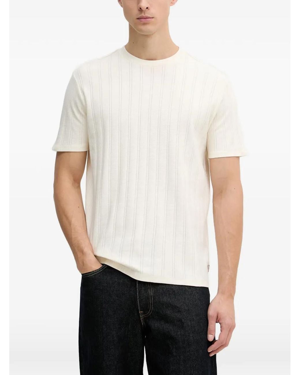 Guess White Ribbed-Knit T-Shirt for men
