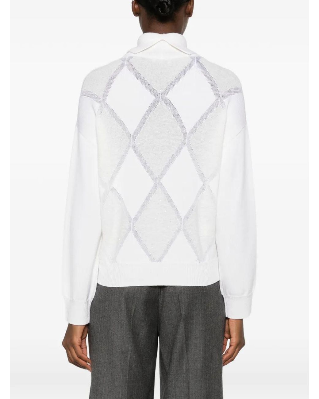 Peserico White Argyle Roll-Neck Sweater