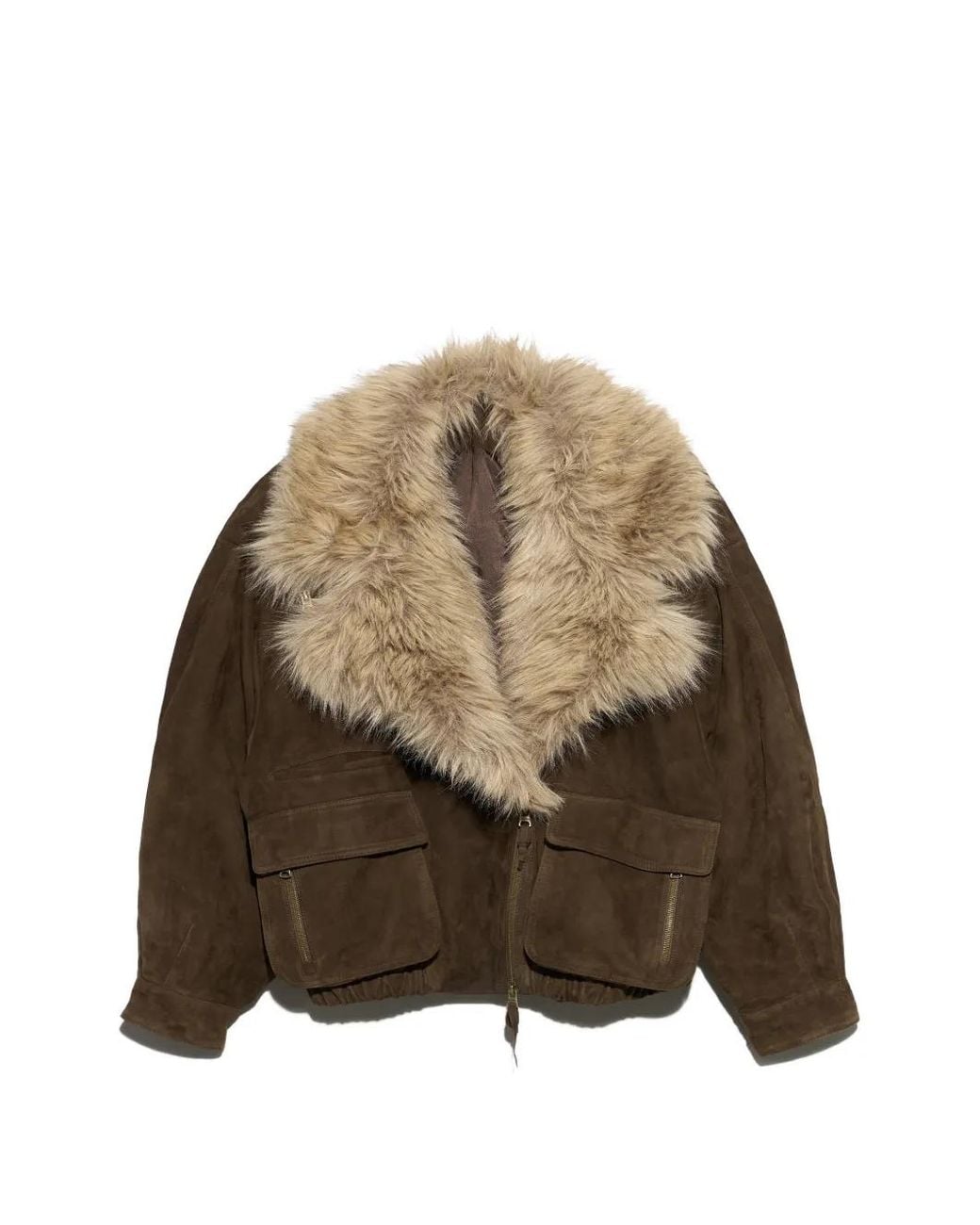 Bimba Y Lola Brown Chocolate Leather Double-Breasted Jacket With Fur Collar