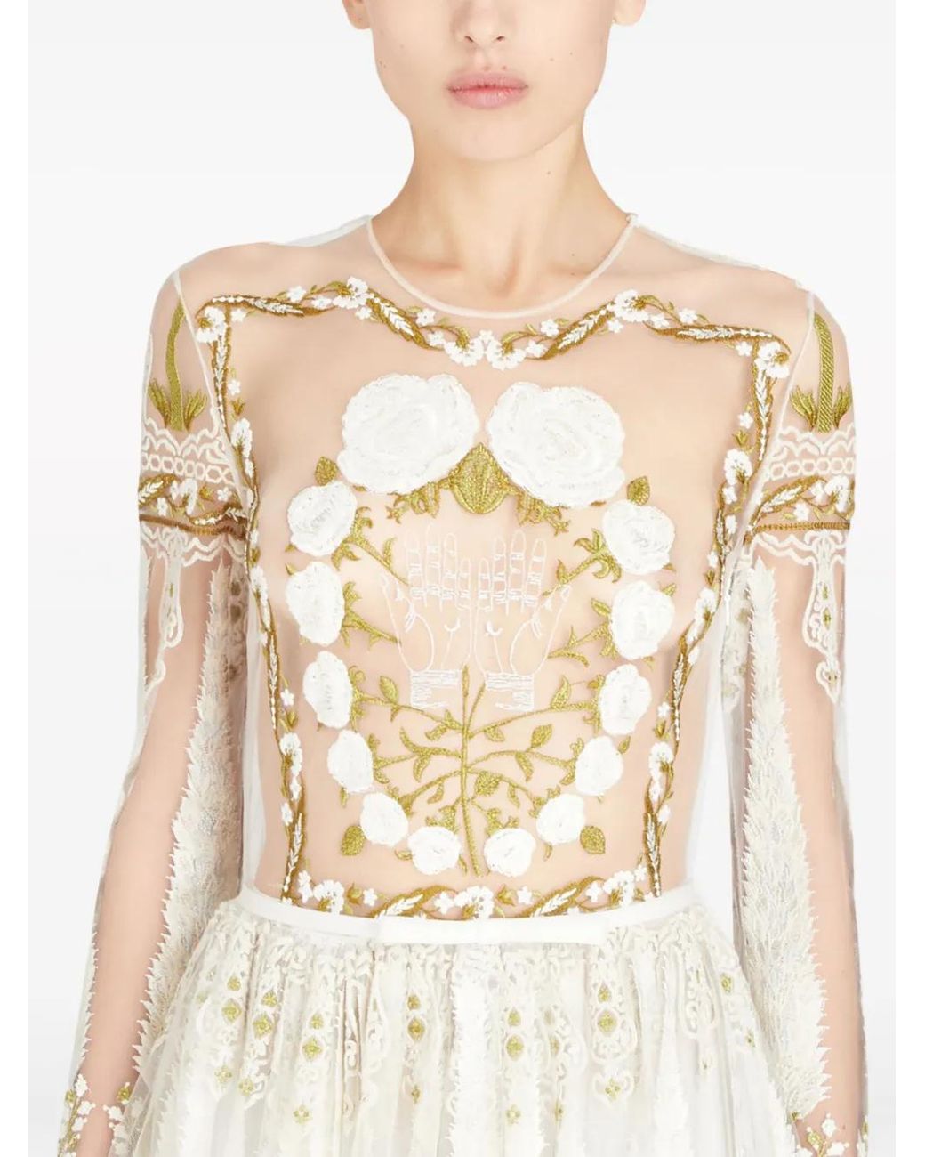 Giambattista Valli Natural Jardin D'Eden Embroidered Tulle Maxi Dress