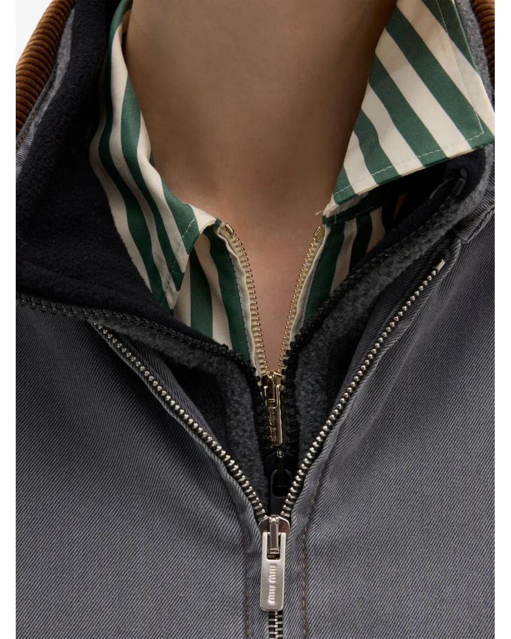 【MIU MIU】ベルベットカラーシャンブレージャケット（グレー） Grey Chambray Jacket With Velvet Collar | Miu Miu