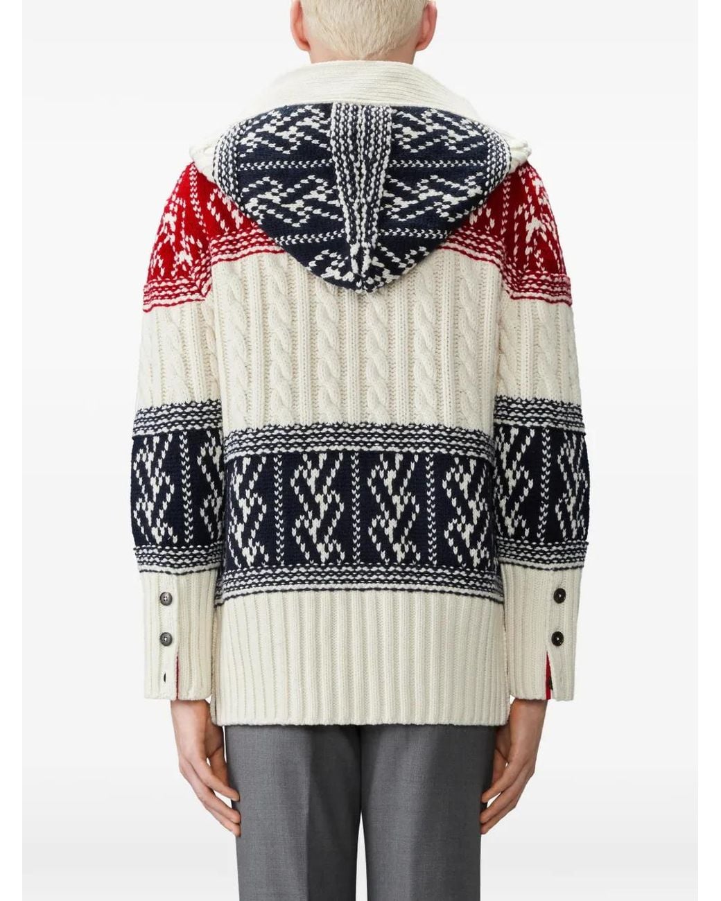 Thom Browne Gray Chunky Cashmere Fair Isle Jacquard Duffle Jacket for men