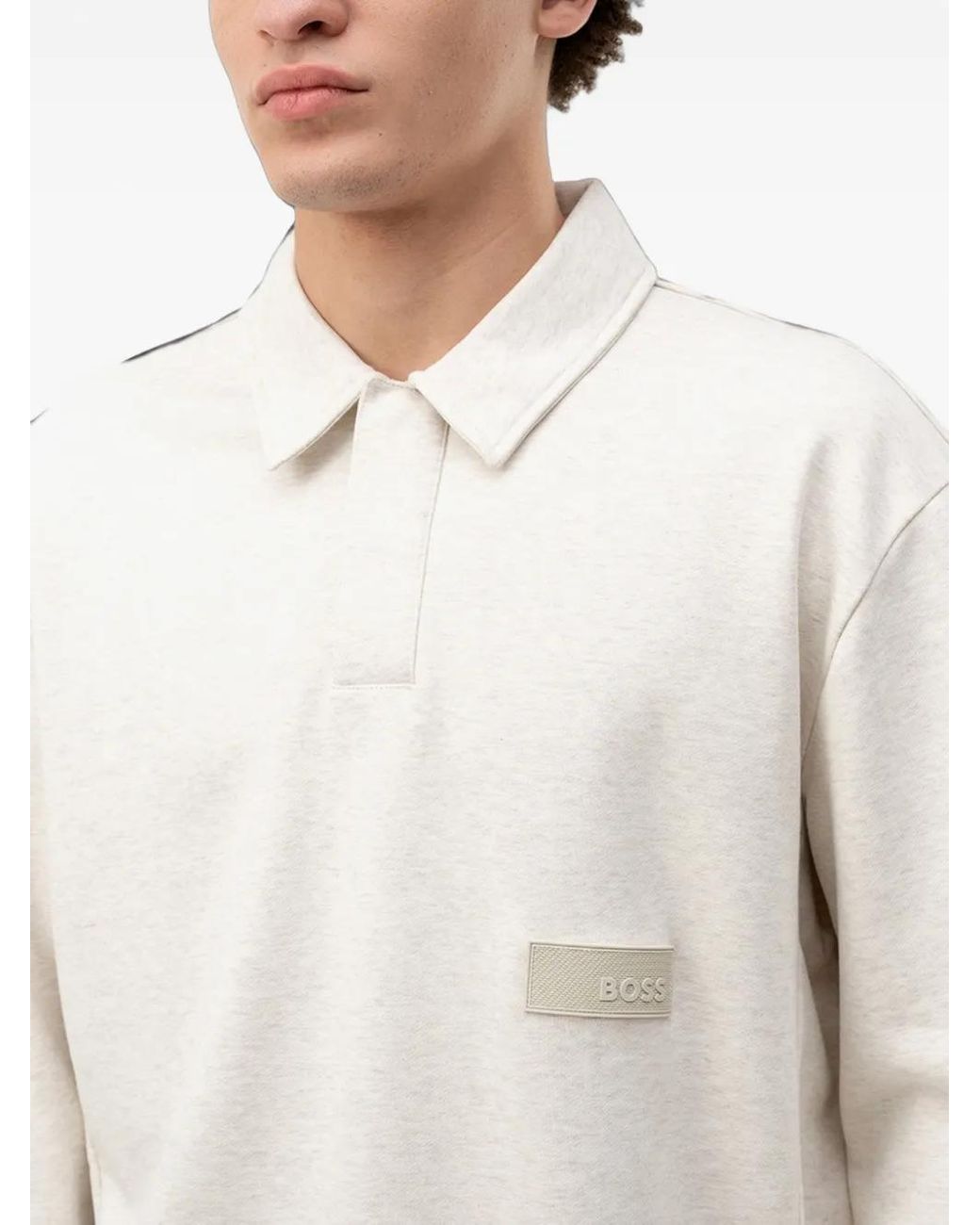 Boss White Logo-Patch Polo-Collar Sweater for men