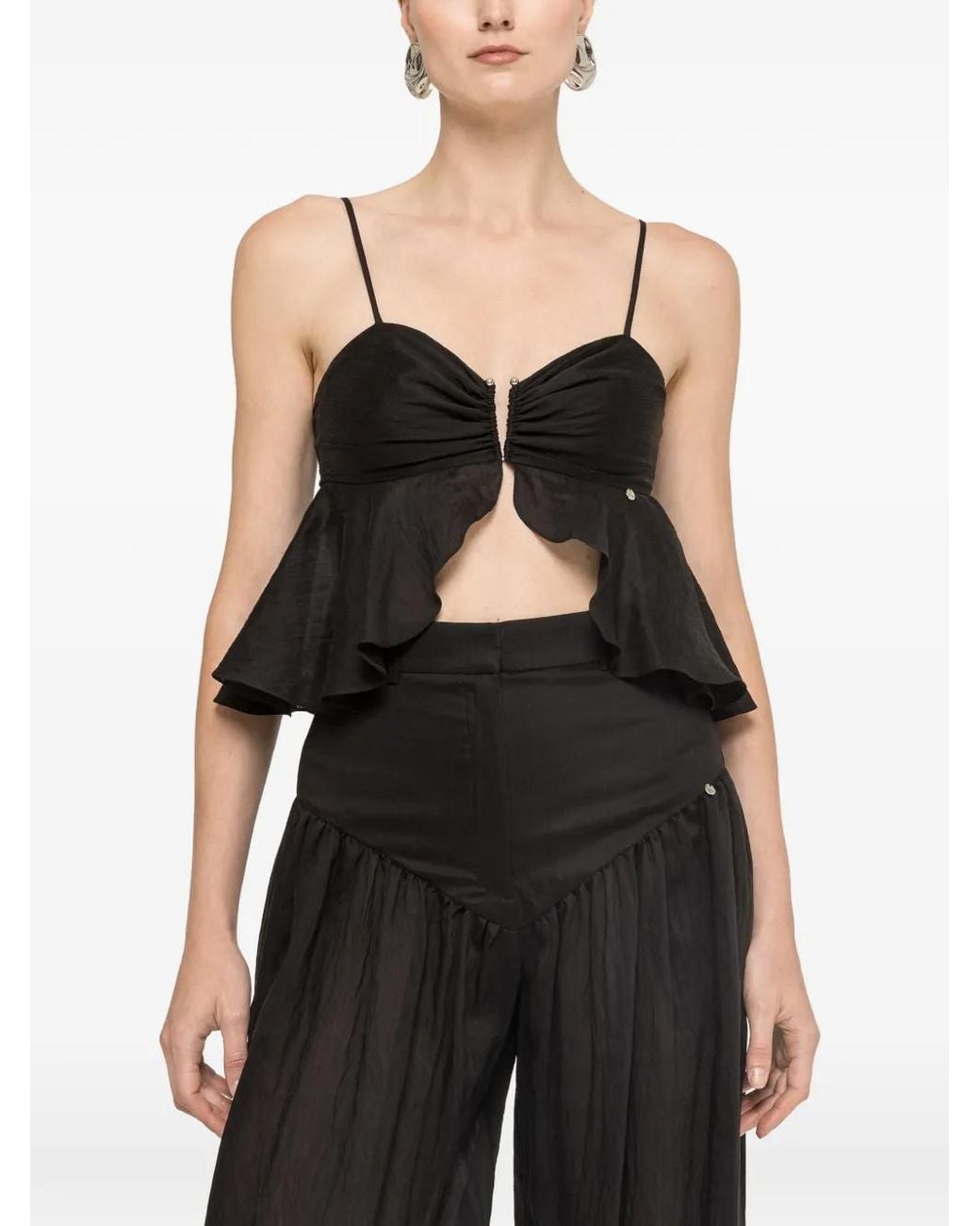 Nissa Black Ruffled Lyocell Crop Top