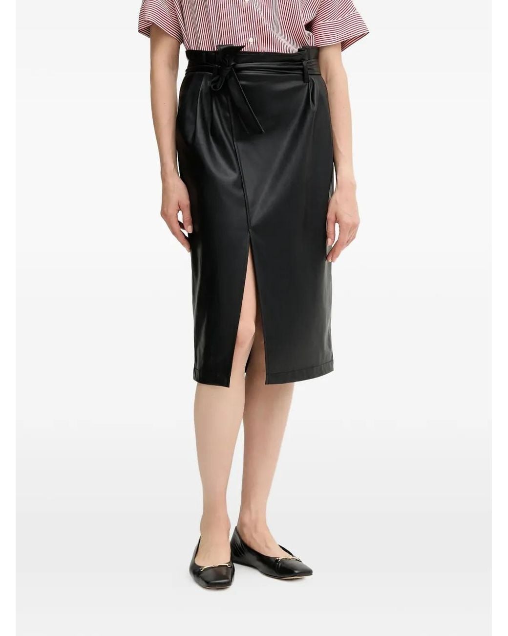 Ouí Black Tie-Waist Slit Midi Skirt