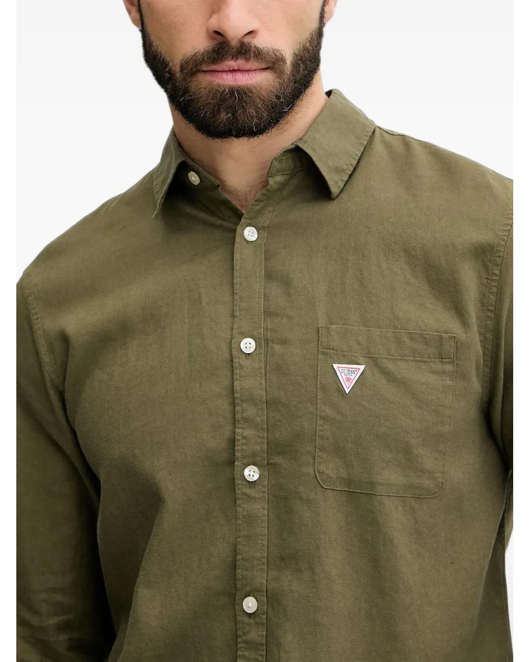 Guess Green Logo-Patch Button-Down Shirt for men
