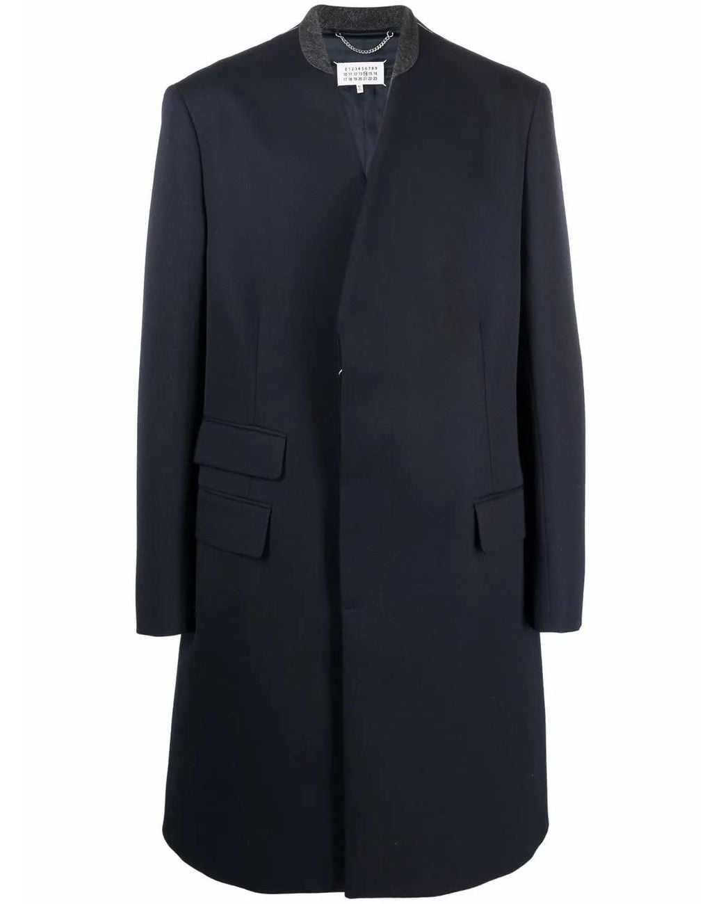Maison Margiela Blue Collarless Mid-Length Coat for men